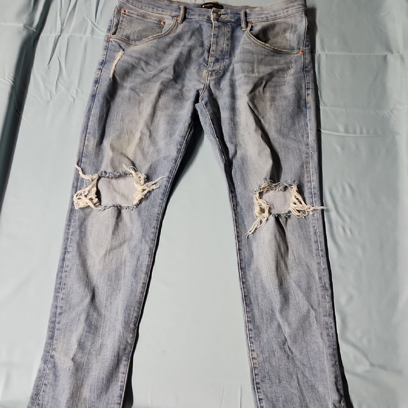 Men's Light Blue Distressed Slim Jeans - Picture 1 of 16